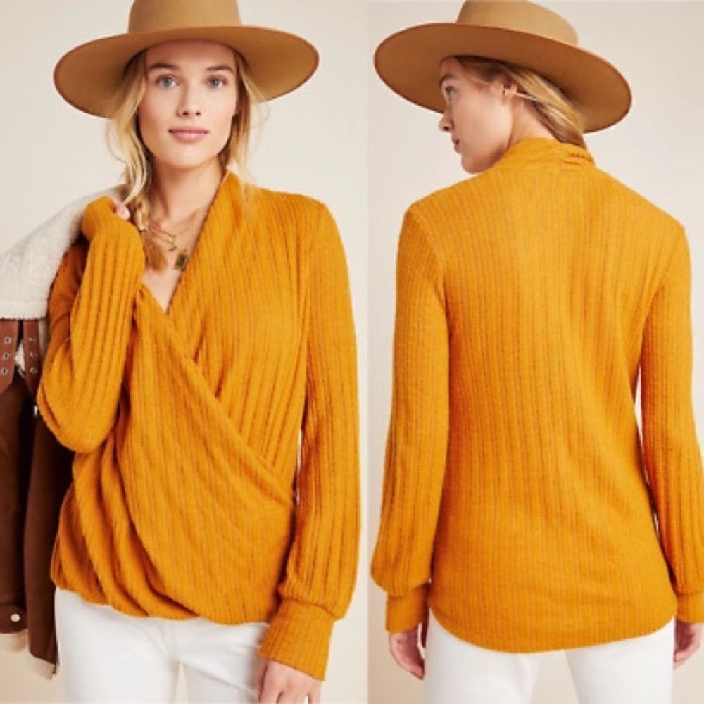 Maeve Anthropologie Size Medium Mustard Yellow Rafela Hacci Long Sleeve Knit Top